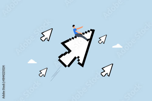 digital marketing, businessman riding digital pixel mouse pointer to click on button.