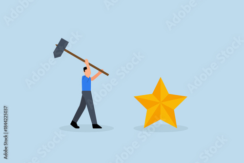 Downgrade credit rating, businessman hit star credit rating with big hammer.