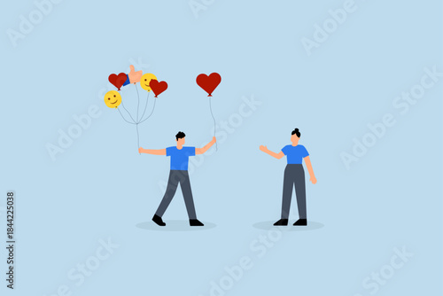 Customer feedback, customer holding feedback balloons giving heart.