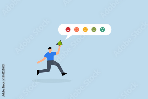 Customer satisfaction survey, man shouting with satisfaction emoticon.