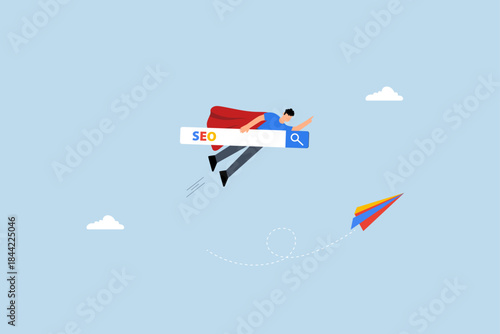 businessman superhero flying high with SEO search box.