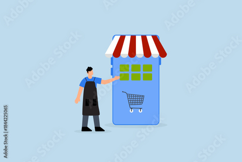 Online shop store, shopkeeper with online mobile store.