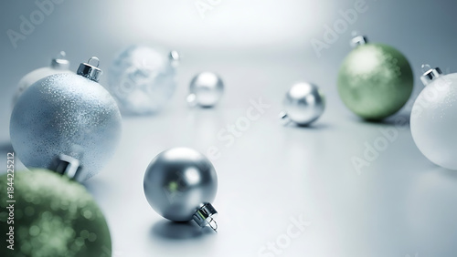 Elegant collection of shimmering holiday ornaments in cool tones, scattered on a reflective surface, creating a serene and festive winter celebration backdrop perfect for seasonal joy