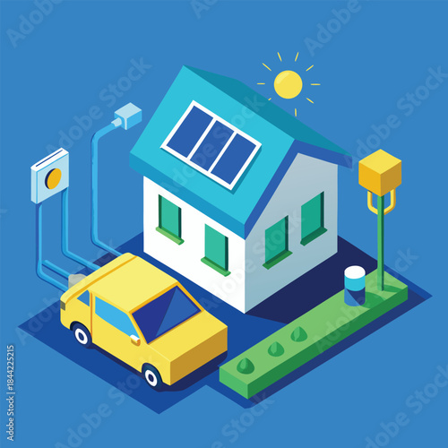 A modern sustainable home utilizing solar energy to charge an electric vehicle