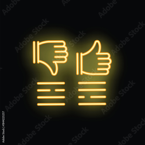 Glowing neon thumbs up and thumbs down icons represent positive and negative feedback or reviews