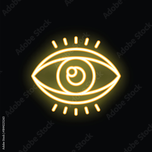 Neon eye glowing with bright yellow light on black background, perfect for projects related to vision, perception, spirituality, and awareness