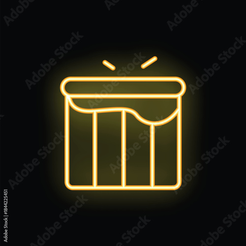 Bright yellow neon sign of a trashcan overflowing with garbage on a black background