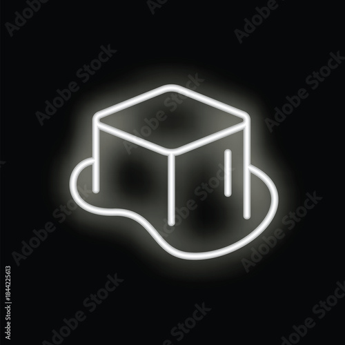 Fotografie White neon glowing symbol of melting ice cube on black background