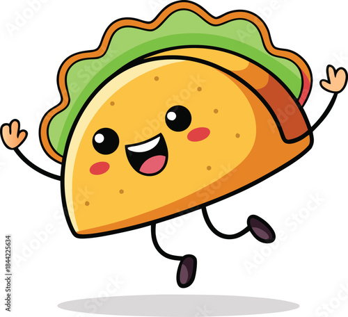A cute cartoon taco illustration jumps high in the air, expressing happiness and excitement
