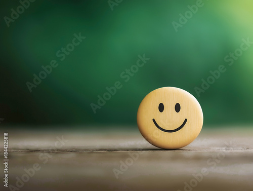 A wooden smiley face is sitting on a wooden table