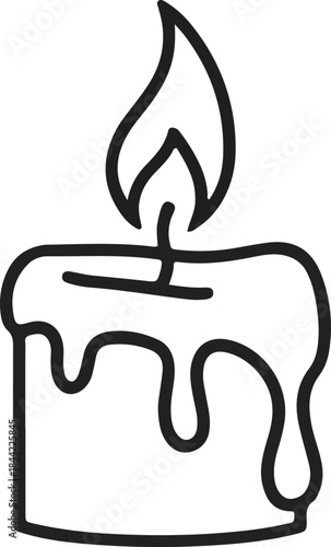 Black and white line art drawing of a lit melting candle with dripping wax
