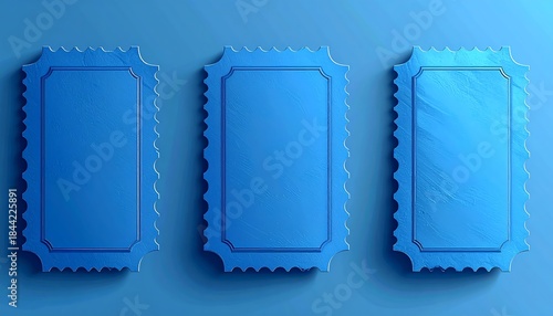 Three vibrant blue rectangular tickets with textured surfaces and scalloped edges are displayed