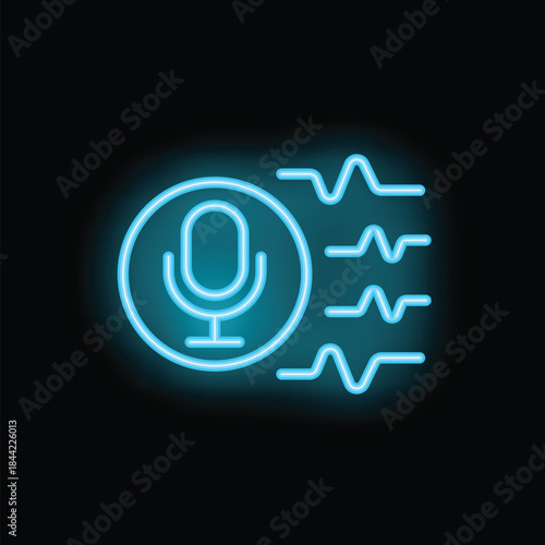 Blue neon microphone icon glowing on a black background, representing audio recording and sound waves