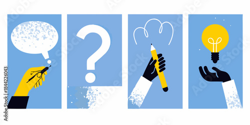 The progression from thought questioning sketching to a bright idea illustrated