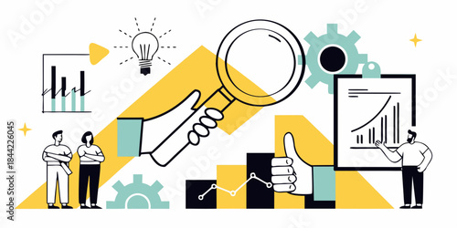 Business growth illustration with lightbulb magnifying glass and data analysis
