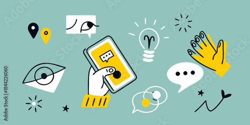 Creative ideas and digital technology concepts illustrated with playful graphic elements