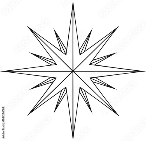 Black and white line art illustration of a highly detailed 16point starburst or compass rose