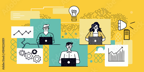 Collaborative teamwork and technology people connecting and working remotely on laptops