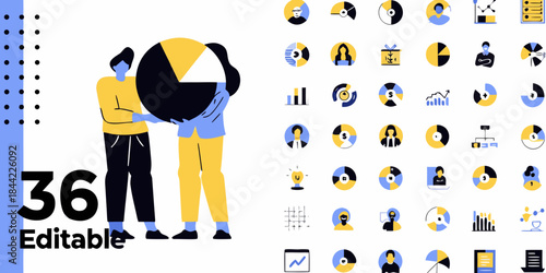 Modern illustration of a person carrying a large pie chart with various icons