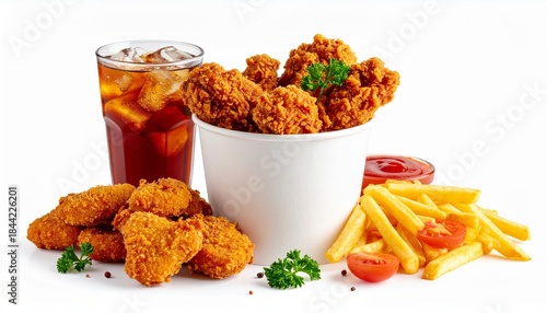Fried chicken, fries, soda, and garnishes on fast food tray.