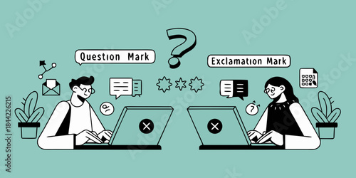 People collaborating with laptops question and exclamation marks and office elements