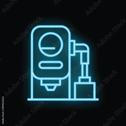 Blue neon icon of a coffee roaster with control panel, highlighting the coffee roasting process