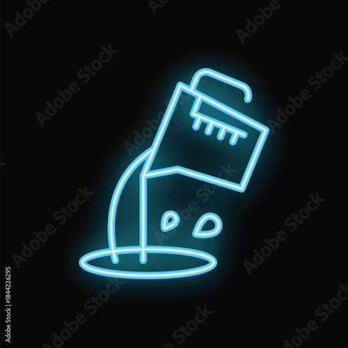 Blue neon icon of milk carton pouring liquid into circle, representing concept of feeding on black background