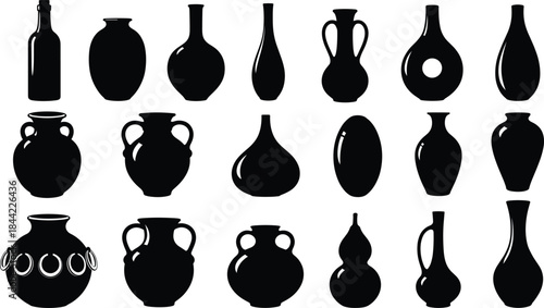 Ceramic Vase and Pot Silhouette Collection Featuring Classic Decorative Containers in Black and White Vector Style