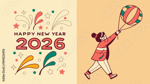 A cheerful girl runs with a colorful balloon on a festive new year's background with happy new year 2026 text surrounded by stars
