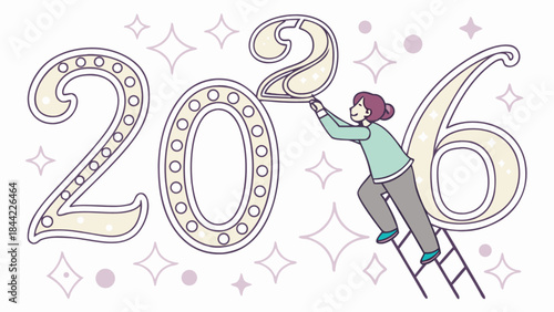 Woman on ladder placing 2016 new year's sign with starry background