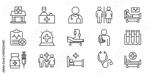 Comprehensive Set of Outline Icons Representing Modern Healthcare Services, Hospital Facilities, Medical Professionals, and Patient Treatment and Recovery Processes