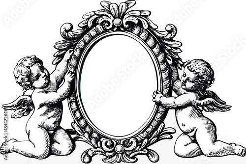 An ornate vintage frame held by cherubs a detailed engraving illustration
