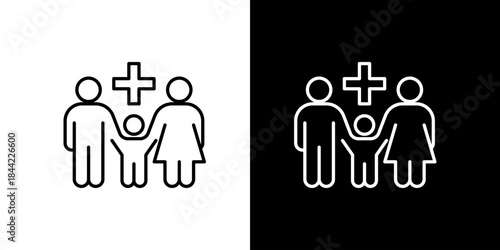Family healthcare line icon, parents and child holding hands with medical cross, simple outline vector, flat design, monochrome, isolated background, modern medical symbol.