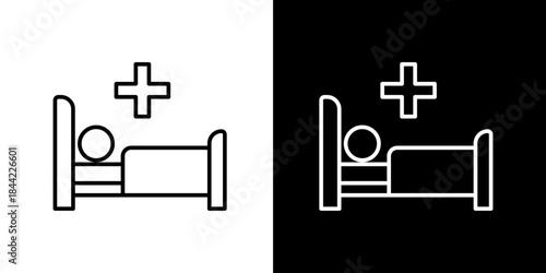 Minimalist line art icon of a patient in a hospital bed with a medical cross, symbolizing healthcare, medical treatment, recovery, and patient care