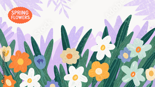 A cheerful spring illustration featuring colorful flowers and lush green foliage