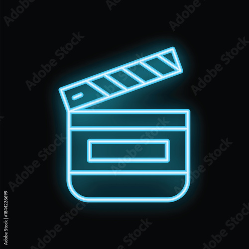 Neon blue clapperboard is glowing on a black background, symbolizing filmmaking and entertainment