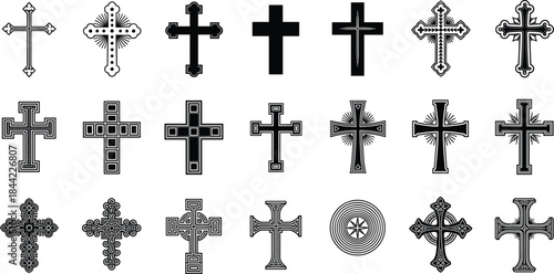 Christian Cross Symbols Set Collection Featuring Different Religious Cross Designs in Black and White Vector Style