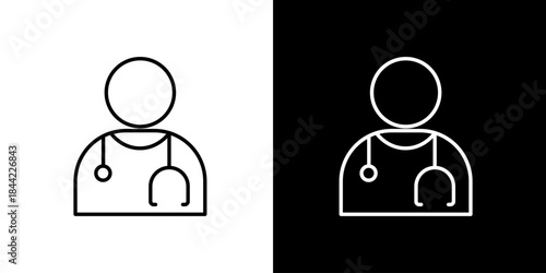 Simple line art doctor icon with stethoscope. High-contrast black and white versions for medical, healthcare, and professional service design needs