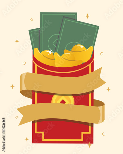 Vector illustration of Red envelopes with money with decoration ribbon, coins and gold of wealthy and lucky.