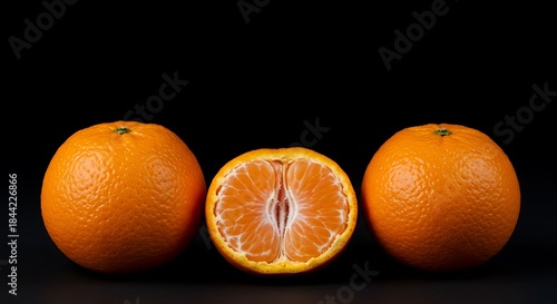 Three vibrant oranges on a sleek black background, one split open to reveal segments