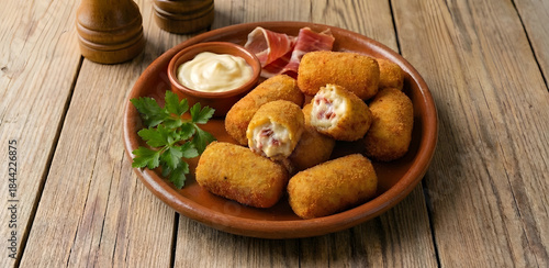 Rustic earthenware plate with creamy Spanish ham croquettes, some broken open showing the béchamel filling, served with aioli and cured ham on aged wood. - AI GENERATE