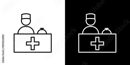 Outline icon of a medical professional at a service counter with a medical cross and medicine, symbolizing essential healthcare and pharmacy services