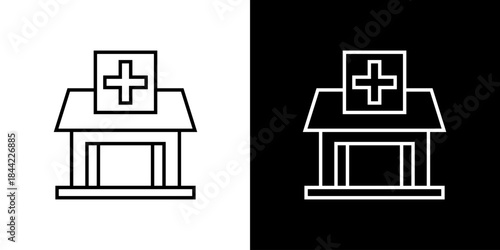 Outline vector icon depicting a hospital building with a medical cross, symbolizing healthcare, emergency services, and wellness facilities for web and app designs