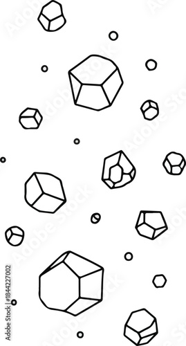 Black and white line art pattern of various irregularly faceted crystals and small circles