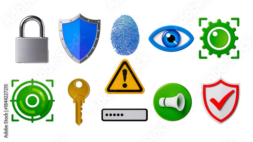 3D Icon Set for Cybersecurity, Data Protection, Biometrics, and Authorization: Lock, Fingerprint, Shield.