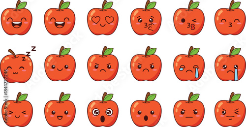Cute Apple Emoji Face Expression Set Showing Funny Emotions and Cartoon Fruit Characters for Stickers and Kids Designs