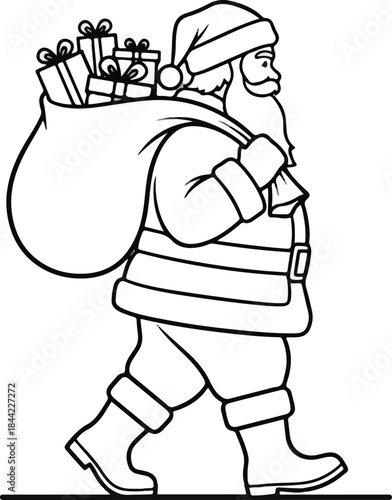Black and white outline drawing of Santa Claus walking with a sack of gifts