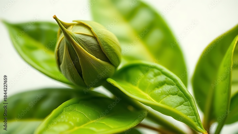 Obraz premium tenet. Fresh tea buds and leaves arranged naturally, showcasing vibrant green tones in soft light. bar promotions, beverage menus, designed for food & beverage menus and cafe branding.