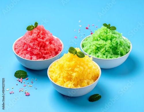 Three vibrant shaved ice desserts in white bowls, garnished with mint on a bright blue backdrop