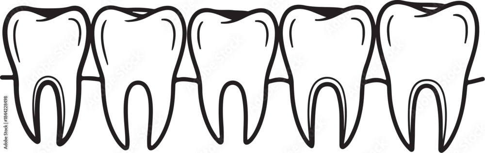 Naklejka premium A row of five tooth connected by horizontal lines, representing a dental arch or sequence teeth dentistry also transparent background